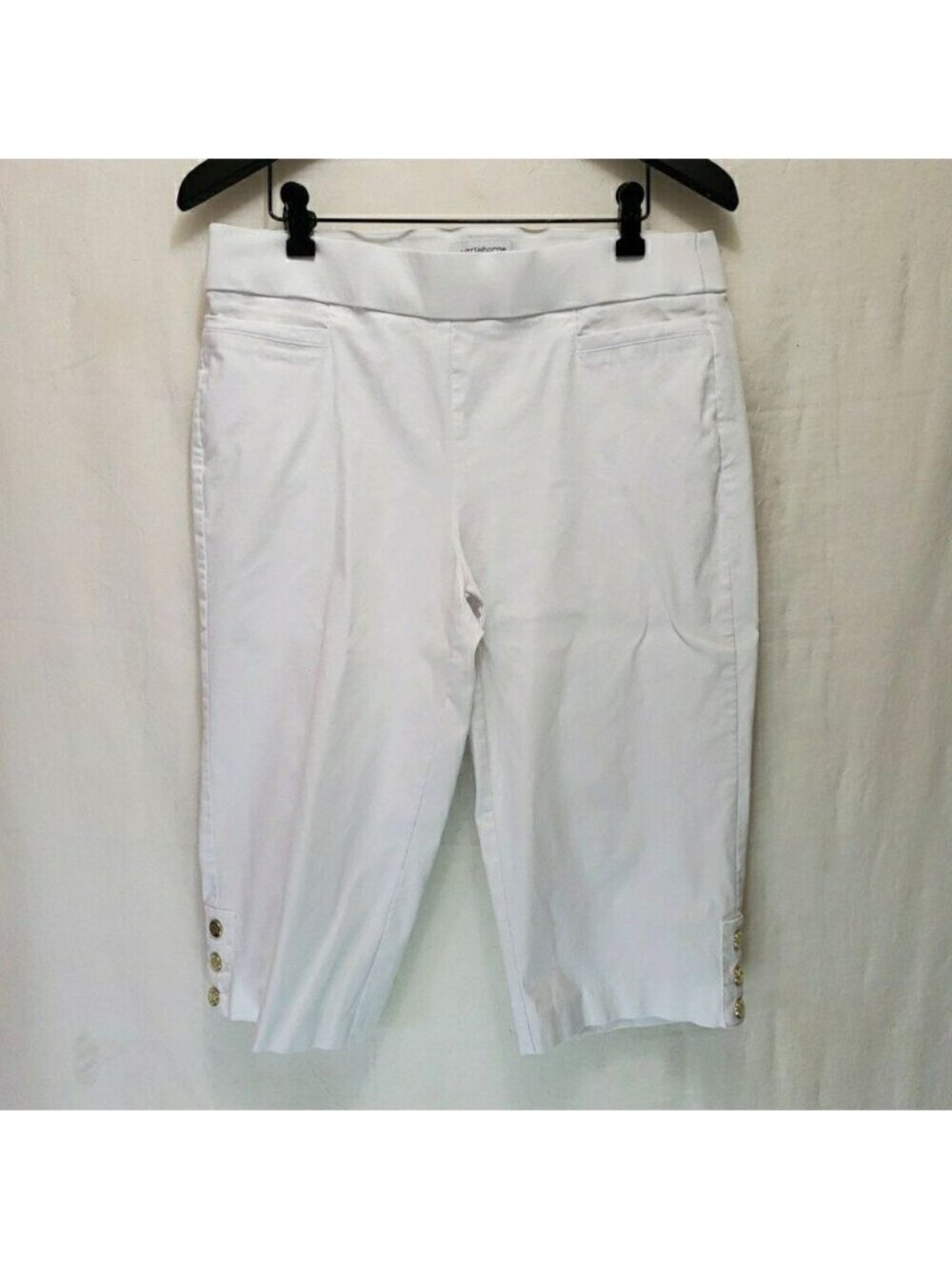 Liz Claiborne Alyssa Skimmer Womens 12 White Crop Pants Gold Button Capris